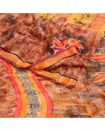 Sanskriti Vintage Brown Sarees Indian Pure Georgette Silk Printed Sari Fabric, PRG-2472-Brown-Printed Floral Design-Pure Georgette Silk-18