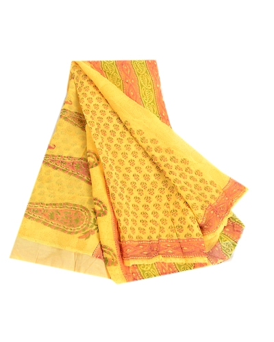 Sanskriti Vintage Yellow Sarees Block Printed Pure Georgette Sari Craft Fabric, PRG-2505-Yellow-Printed Floral &amp; Paisley Design-Pure Georgette Silk-11