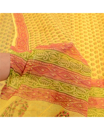 Sanskriti Vintage Yellow Sarees Block Printed Pure Georgette Sari Craft Fabric, PRG-2505-Yellow-Printed Floral &amp; Paisley Design-Pure Georgette Silk-13