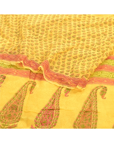 Sanskriti Vintage Yellow Sarees Block Printed Pure Georgette Sari Craft Fabric, PRG-2505-Yellow-Printed Floral &amp; Paisley Design-Pure Georgette Silk-16