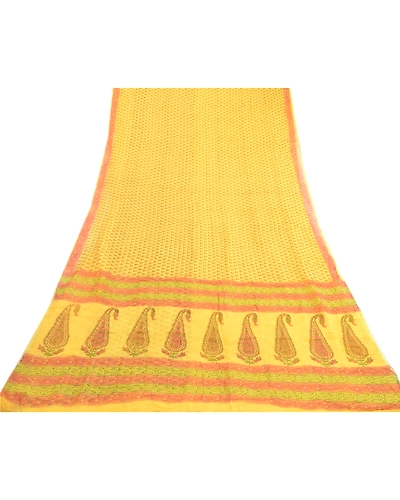 Sanskriti Vintage Yellow Sarees Block Printed Pure Georgette Sari Craft Fabric, PRG-2505-Yellow-Printed Floral &amp; Paisley Design-Pure Georgette Silk-17