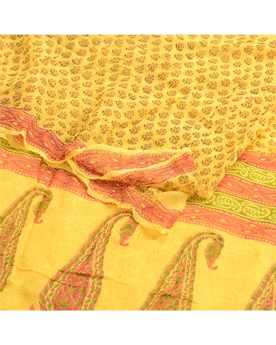 Sanskriti Vintage Yellow Sarees Block Printed Pure Georgette Sari Craft Fabric, PRG-2505-Yellow-Printed Floral &amp; Paisley Design-Pure Georgette Silk-18