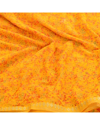 Sanskriti Vintage Yellow Zari Border Sarees Printed Chiffon Sari Craft Fabric, PRG-2783-Yellow-Printed Floral Design-Poly Chiffon-15