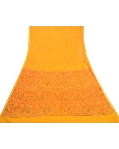 Sanskriti Vintage Yellow Zari Border Sarees Printed Chiffon Sari Craft Fabric, PRG-2783-Yellow-Printed Floral Design-Poly Chiffon-17