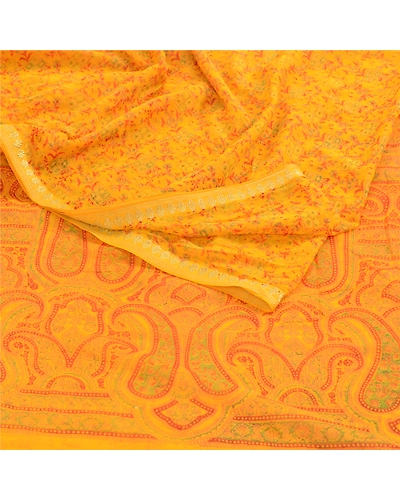 Sanskriti Vintage Yellow Zari Border Sarees Printed Chiffon Sari Craft Fabric, PRG-2783-Yellow-Printed Floral Design-Poly Chiffon-18
