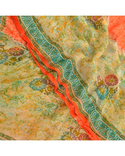 Sanskriti Vintage Orange Sarees Pure Georgette Silk Printed Sari Craft Fabric, PRG-2914-Orange-Printed Floral Design-Pure Georgette Silk-10
