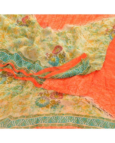 Sanskriti Vintage Orange Sarees Pure Georgette Silk Printed Sari Craft Fabric, PRG-2914-Orange-Printed Floral Design-Pure Georgette Silk-18