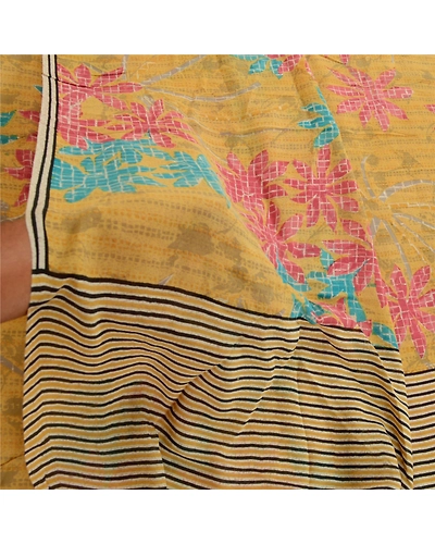 Sanskriti Vintage Yellow Sarees Pure Georgette Silk Printed Sari Craft Fabric, PRG-2939-Yellow-Printed Floral Design-Pure Georgette Silk-15