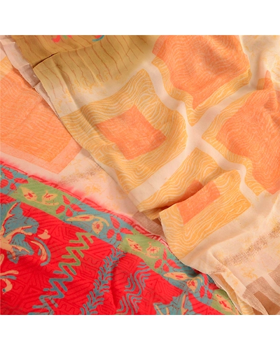 Sanskriti Vintage Cream Sarees Pure Georgette Silk Printed Sari Craft 5Yd Fabric, PRG-2961-Cream-Printed Floral Design-Pure Georgette Silk-11