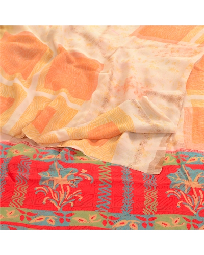 Sanskriti Vintage Cream Sarees Pure Georgette Silk Printed Sari Craft 5Yd Fabric, PRG-2961-Cream-Printed Floral Design-Pure Georgette Silk-20