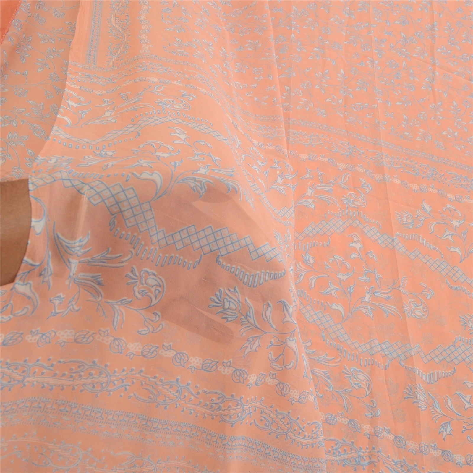 Sanskriti Vintage Peach Indian Sarees Printed Georgette Sari Craft Sewing Fabric, PRG-2981-Peach-Printed Floral Design-Poly Georgette-11