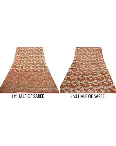 Sanskriti Vintage Ivory Sarees Pure Georgette Silk Printed Sari 5Yd Craft Fabric, PRG-3020-Ivory-Printed Floral Design-Pure Georgette Silk-16