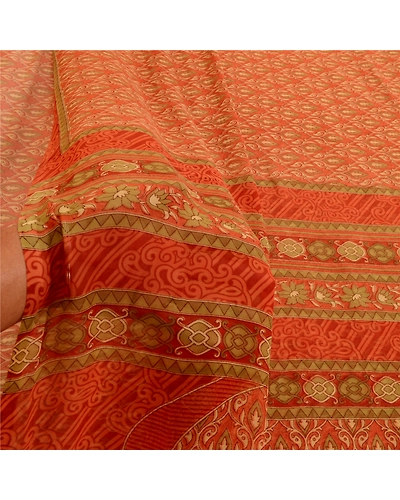Sanskriti Vintage Rusty Orange Sarees Georgette Printed Sari Craft 5 Yard Fabric, PRG-3045-Rusty Orange-Printed Floral Design-Poly Georgette-13