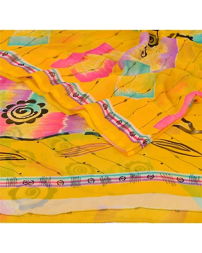 Sanskriti Vintage Yellow Sarees Blend Georgette Printed Sari Craft 5 Yard Fabric, PRG-3053-Yellow-Printed Floral Design-Blend Georgette-9