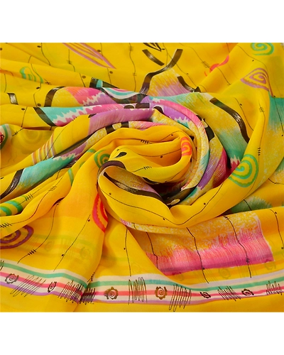 Sanskriti Vintage Yellow Sarees Blend Georgette Printed Sari Craft 5 Yard Fabric, PRG-3053-Yellow-Printed Floral Design-Blend Georgette-12