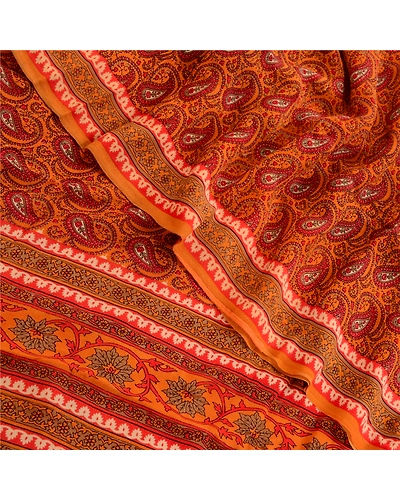 Sanskriti Vintage Orange Sarees Pure Georgette Silk Printed Sari Craft Fabric, PRG-3110-Orange-Printed Paisley Design-Pure Georgette Silk-10