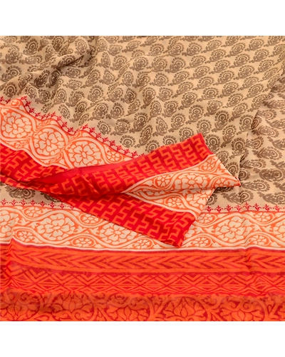 Sanskriti Vintage Orange Sarees Georgette Printed 5 Yard Sari Craft Fabric, PRG-3163-Orange-Printed Floral Design-Poly Georgette-18