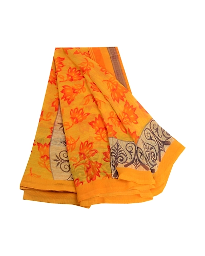 Sanskriti Vintage Yellow Indian Sarees Georgette Printed 5Yd Sari Craft Fabric, PRG-3198-Yellow-Printed Floral Design-Poly Georgette-11