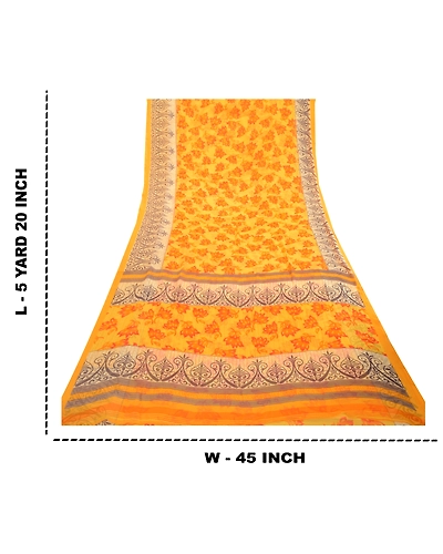 Sanskriti Vintage Yellow Indian Sarees Georgette Printed 5Yd Sari Craft Fabric, PRG-3198-Yellow-Printed Floral Design-Poly Georgette-12