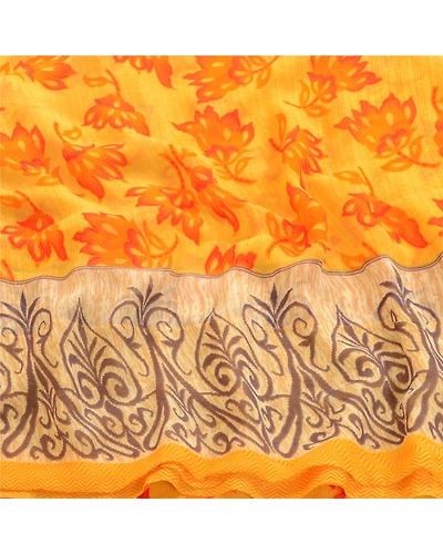 Sanskriti Vintage Yellow Indian Sarees Georgette Printed 5Yd Sari Craft Fabric, PRG-3198-Yellow-Printed Floral Design-Poly Georgette-15
