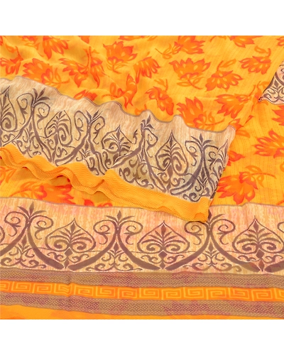 Sanskriti Vintage Yellow Indian Sarees Georgette Printed 5Yd Sari Craft Fabric, PRG-3198-Yellow-Printed Floral Design-Poly Georgette-16