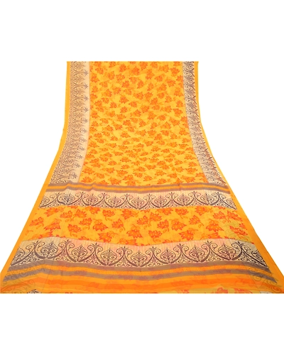 Sanskriti Vintage Yellow Indian Sarees Georgette Printed 5Yd Sari Craft Fabric, PRG-3198-Yellow-Printed Floral Design-Poly Georgette-17