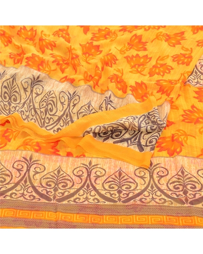 Sanskriti Vintage Yellow Indian Sarees Georgette Printed 5Yd Sari Craft Fabric, PRG-3198-Yellow-Printed Floral Design-Poly Georgette-18
