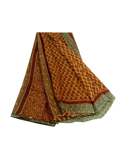 Sanskriti Vintage Saffron Sarees Pure Chiffon Silk Printed Sari Craft Fabric, PRG-3208-Saffron-Printed Paisley Design-Pure Chiffon Silk-11