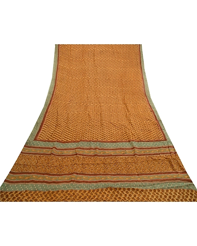 Sanskriti Vintage Saffron Sarees Pure Chiffon Silk Printed Sari Craft Fabric, PRG-3208-Saffron-Printed Paisley Design-Pure Chiffon Silk-17