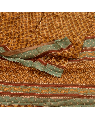 Sanskriti Vintage Saffron Sarees Pure Chiffon Silk Printed Sari Craft Fabric, PRG-3208-Saffron-Printed Paisley Design-Pure Chiffon Silk-18