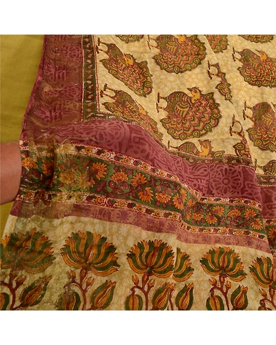 Sanskriti Vintage Cream Peacock Printed Saree Pure Georgette Silk Sari Fabric, PRG-3237-Cream-Printed Floral Design-Pure Georgette Silk-13