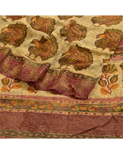 Sanskriti Vintage Cream Peacock Printed Saree Pure Georgette Silk Sari Fabric, PRG-3237-Cream-Printed Floral Design-Pure Georgette Silk-16