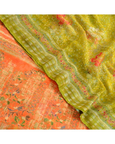Sanskriti Vintage Green Indian Sarees Chiffon Printed 5 Yard Sari Craft Fabric, PRG-3270-Green-Printed Floral Design-Poly Chiffon-10