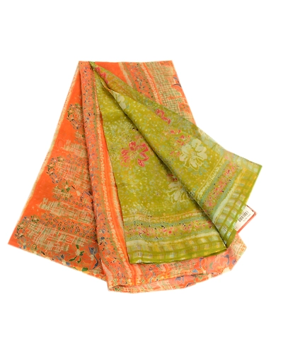 Sanskriti Vintage Green Indian Sarees Chiffon Printed 5 Yard Sari Craft Fabric, PRG-3270-Green-Printed Floral Design-Poly Chiffon-11
