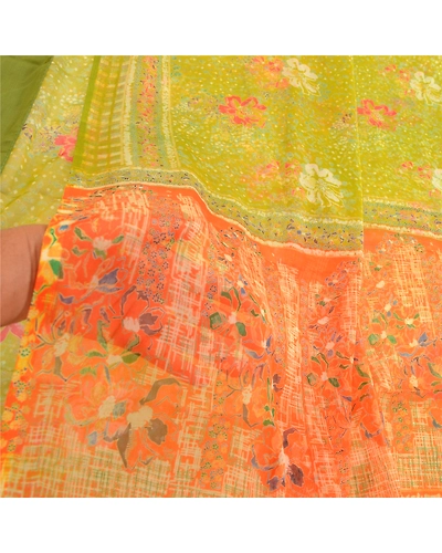 Sanskriti Vintage Green Indian Sarees Chiffon Printed 5 Yard Sari Craft Fabric, PRG-3270-Green-Printed Floral Design-Poly Chiffon-13