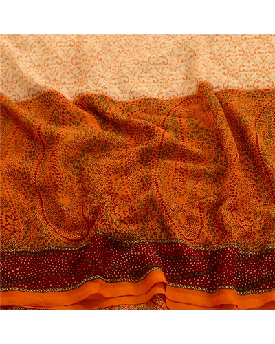 Sanskriti Vintage Ivory Indian Sarees Georgette Printed Sari Soft Craft Fabric, PRG-3412-Ivory-Printed Floral Design-Poly Georgette-15