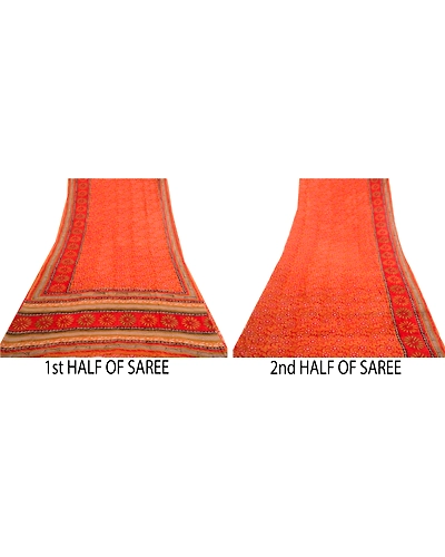 Sanskriti Vintage Orange Sarees Pure Georgette Silk Printed Sari Craft Fabric, PRG-3475-Orange-Printed Floral Design-Pure Georgette Silk-14