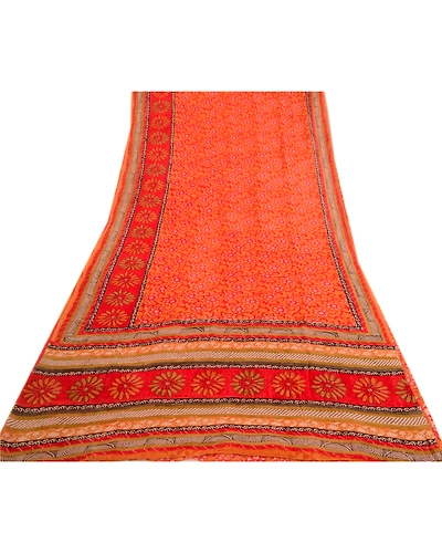 Sanskriti Vintage Orange Sarees Pure Georgette Silk Printed Sari Craft Fabric, PRG-3475-Orange-Printed Floral Design-Pure Georgette Silk-17