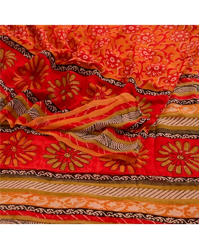 Sanskriti Vintage Orange Sarees Pure Georgette Silk Printed Sari Craft Fabric, PRG-3475-Orange-Printed Floral Design-Pure Georgette Silk-18