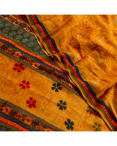 Sanskriti Vintage Yellow Sarees Pure Georgette Silk Printed Sari Craft Fabric, PRG-3516-Yellow-Printed Floral Design-Pure Georgette Silk-10