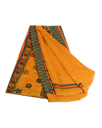Sanskriti Vintage Yellow Sarees Pure Georgette Silk Printed Sari Craft Fabric, PRG-3516-Yellow-Printed Floral Design-Pure Georgette Silk-11