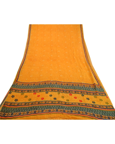 Sanskriti Vintage Yellow Sarees Pure Georgette Silk Printed Sari Craft Fabric, PRG-3516-Yellow-Printed Floral Design-Pure Georgette Silk-17