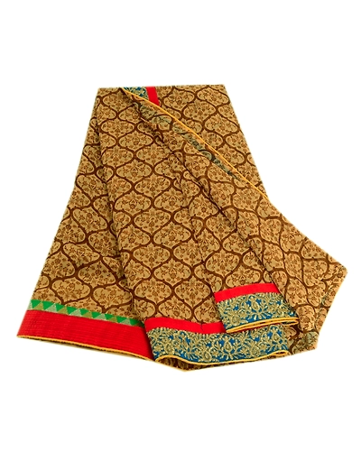 Sanskriti Vintage Brown Indian Sarees Chiffon Print Lace Work Sari Craft Fabric, PRG-3534-Brown-Printed Floral Design-Poly Chiffon-11