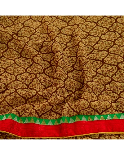 Sanskriti Vintage Brown Indian Sarees Chiffon Print Lace Work Sari Craft Fabric, PRG-3534-Brown-Printed Floral Design-Poly Chiffon-15