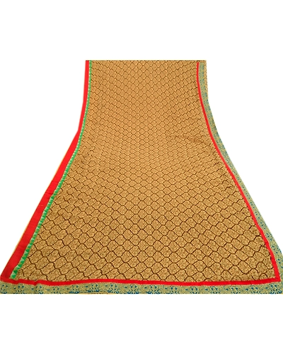 Sanskriti Vintage Brown Indian Sarees Chiffon Print Lace Work Sari Craft Fabric, PRG-3534-Brown-Printed Floral Design-Poly Chiffon-17