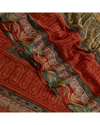 Sanskriti Vintage Green Sarees Pure Georgette Silk Printed Sari 5Yd Craft Fabric, PRG-3539-Green-Printed Paisley Design-Pure Georgette Silk-10