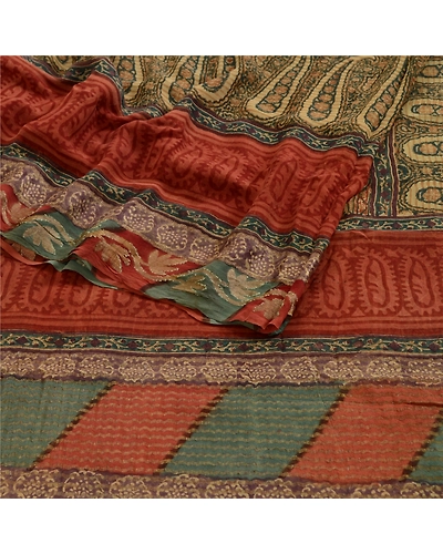 Sanskriti Vintage Green Sarees Pure Georgette Silk Printed Sari 5Yd Craft Fabric, PRG-3539-Green-Printed Paisley Design-Pure Georgette Silk-16