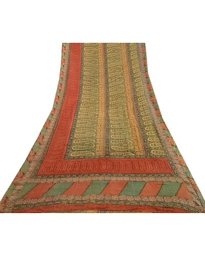 Sanskriti Vintage Green Sarees Pure Georgette Silk Printed Sari 5Yd Craft Fabric, PRG-3539-Green-Printed Paisley Design-Pure Georgette Silk-17