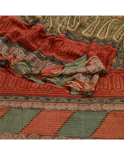 Sanskriti Vintage Green Sarees Pure Georgette Silk Printed Sari 5Yd Craft Fabric, PRG-3539-Green-Printed Paisley Design-Pure Georgette Silk-18
