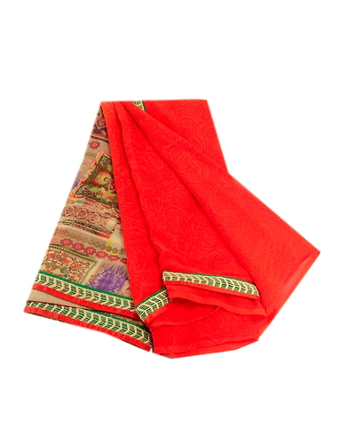 Sanskriti Vintage Indian Orange Sarees Georgette Printed Sari Soft Craft Fabric, PRG-3589-Orange-Printed Floral Design-Poly Georgette-11